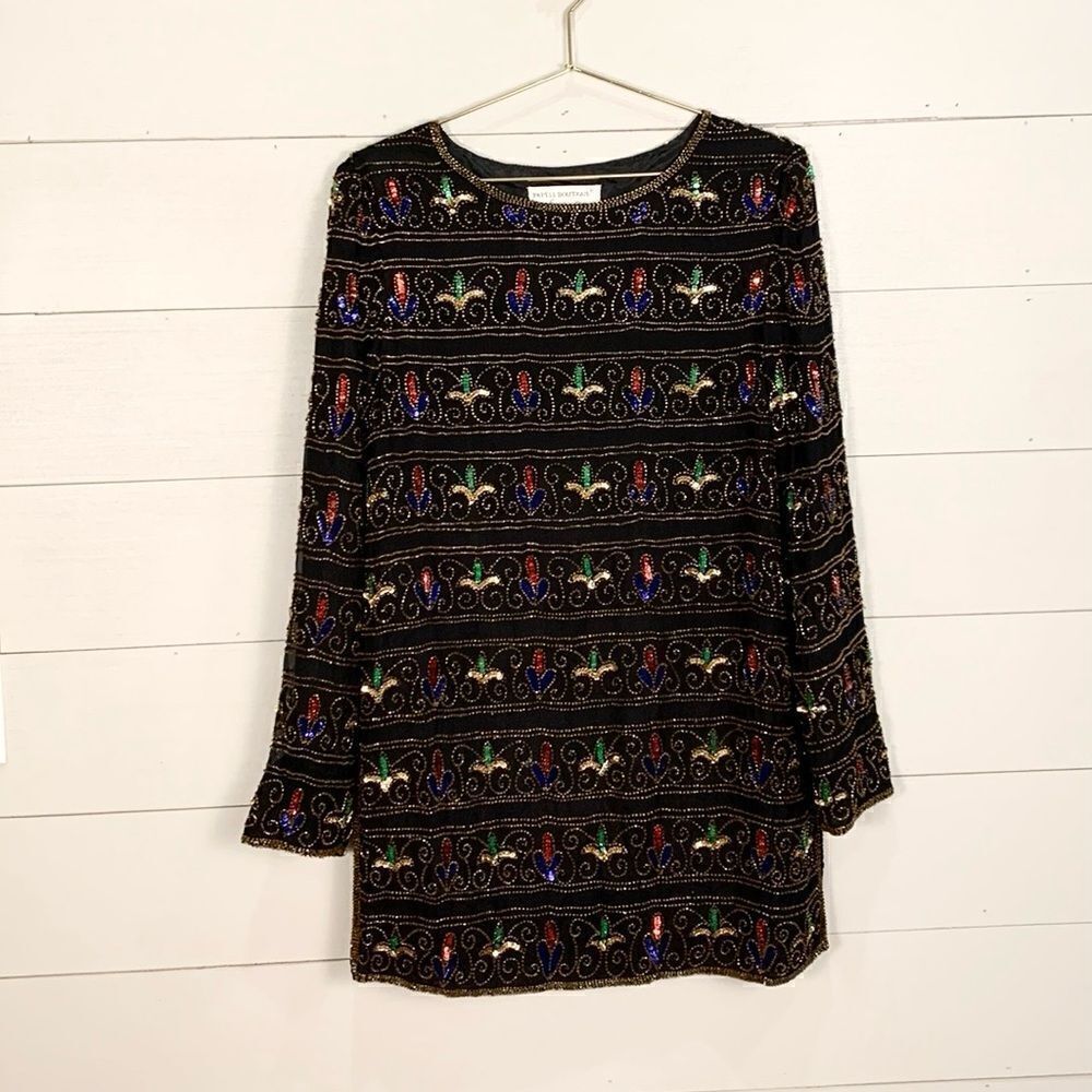 Vintage 1980s Papell Boutique silk beaded flapper style tunic top